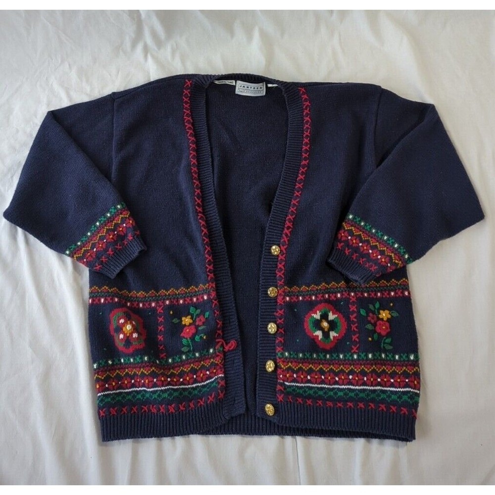 Jantzen Classics Cardigan Sweater Hand Embroidered Vintage Navy Gold Tone Button